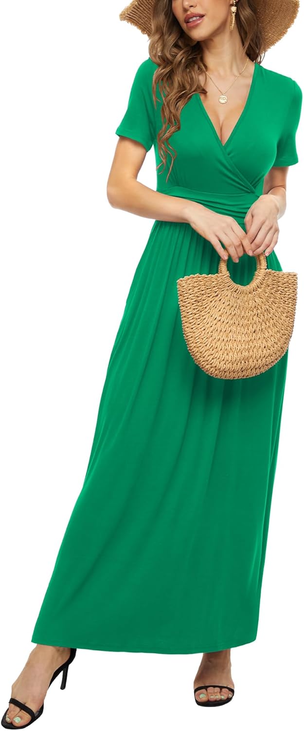 LILBETTER Women's Summer Short Sleeves Dress Wrap Waist Maxi Dresses with Pockets - Image 3