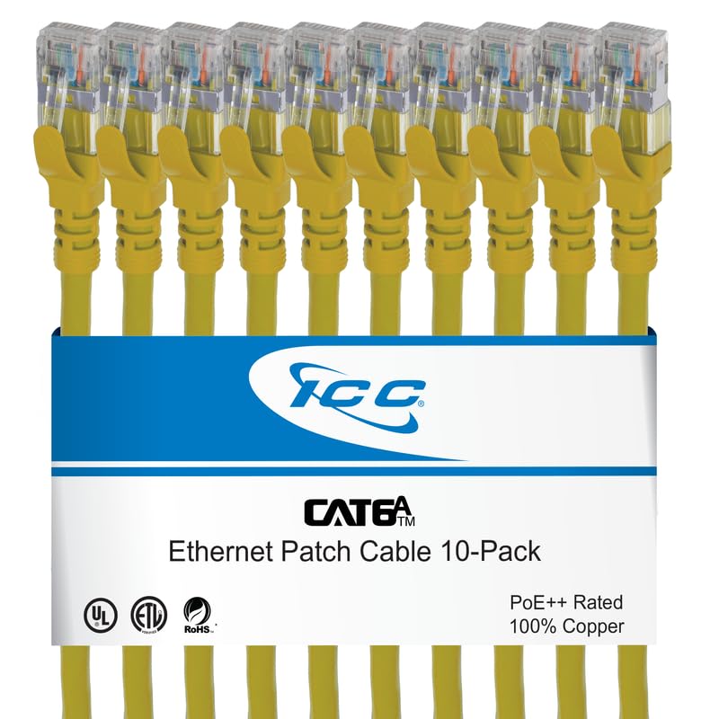 ICC CAT6A U/FTP UL Listed RJ45 Ethernet Patch Cord, Stranded, 500 MHz, Pure Bare Copper Wire, 26 AWG, LAN Network Patch Cable, Slimline Strain Relief, Yellow, 1 FT, 10-Pack