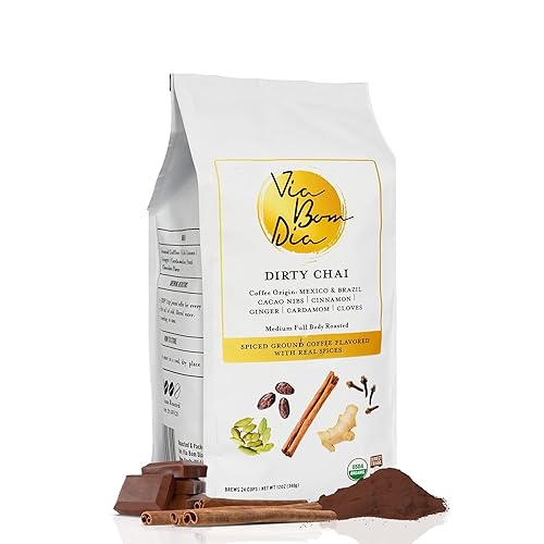 Via Bom Dia Café molido 100 con sabor natural Chai sucio tostado medio sin sabores artificiales bolsa de 12 onzas Via Bom Dia Café molido 100 con sabor natural Chai sucio tostado medio sin sabores artificiales bolsa de 12 onzas
