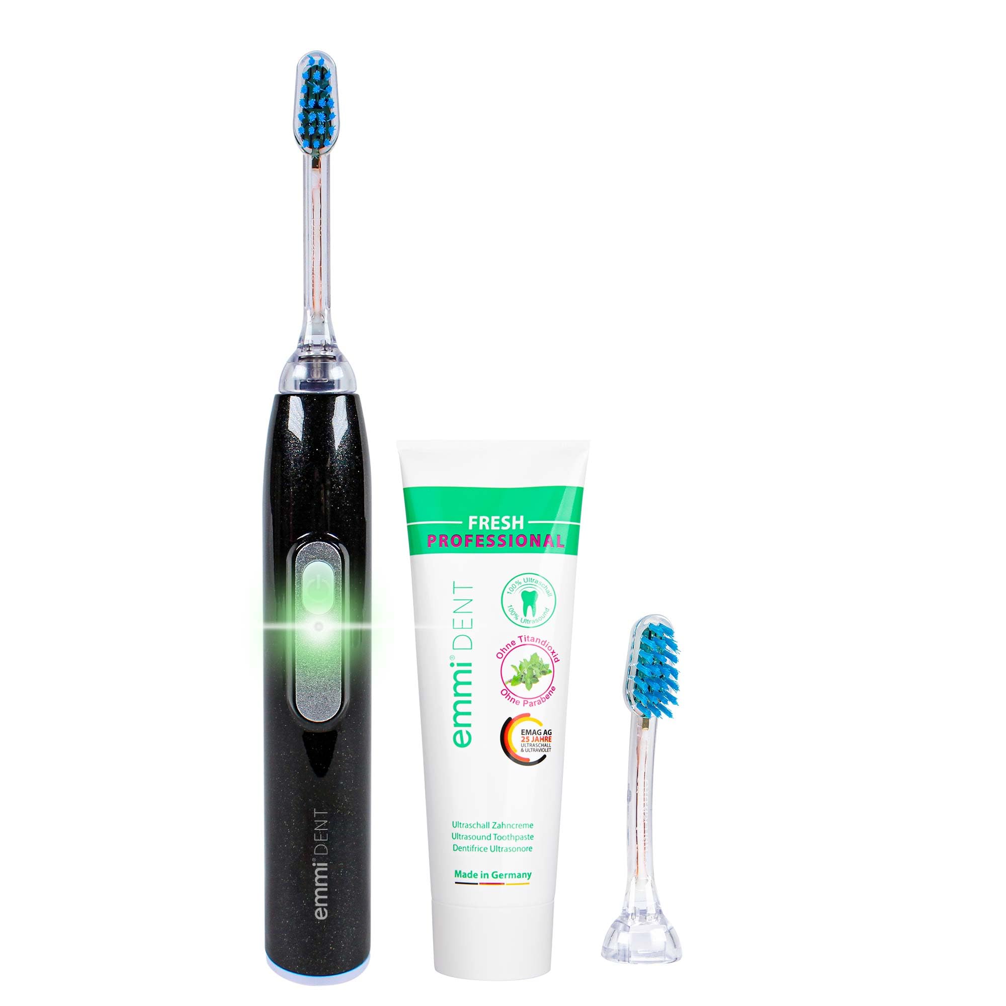emmi-dent Metallic Cepillo de Dientes Eléctrico Ultrasónico (Set Básico Black Diamond) I Ideal para Dientes y Encías Sensibles I Cepillado Óptimo sin Frotar I Hasta 12 Días de Batería