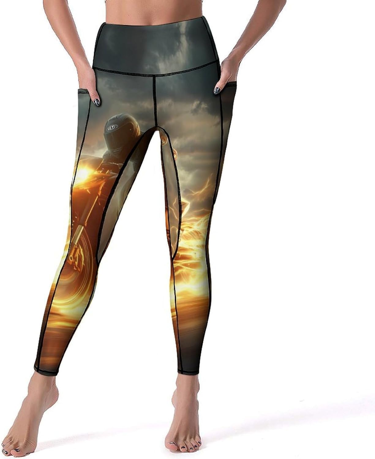 Man Ride A Motorcycle Womens Yoga Pants High Waist Tummy Control Workout Leggings