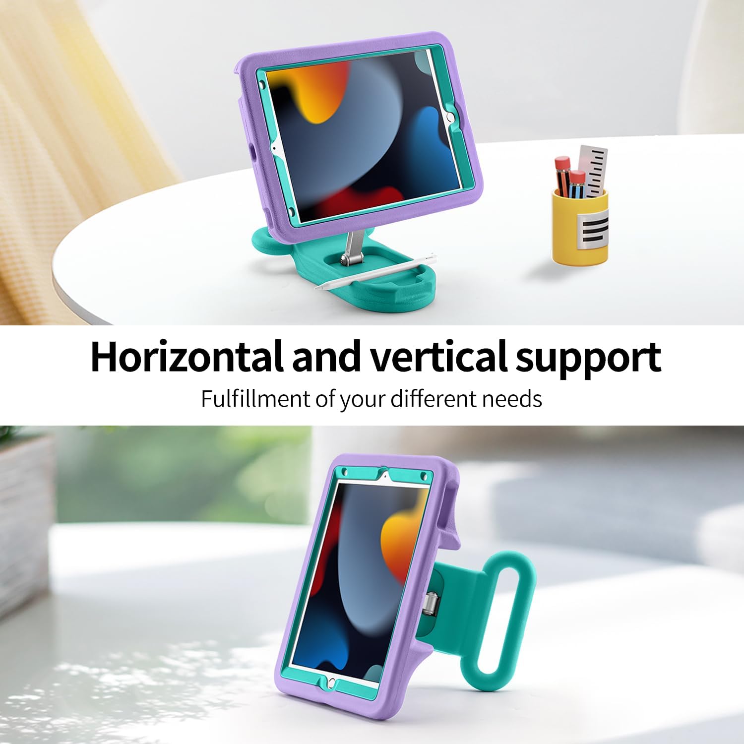 Kids Case for iPad 7th/8th/9th Gen 10.2 inch,Adjustable Portrait/Landscape Stand/Drop Proof with Handle/Kickstand,Child Friendly Protective Cover for iPad 10.2 2021/2020/2019 (PurpleGreen)