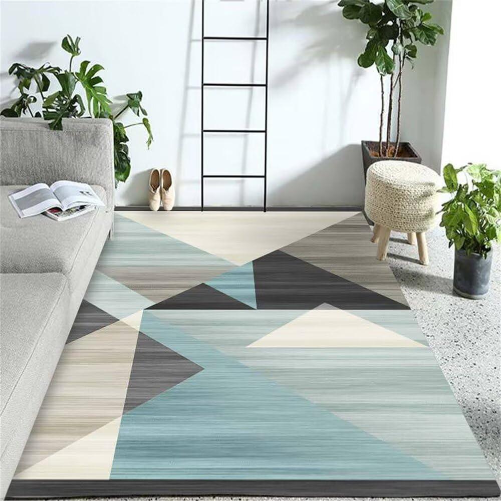 Tapis géométrique moderne gris et bleu pour décoration de salon