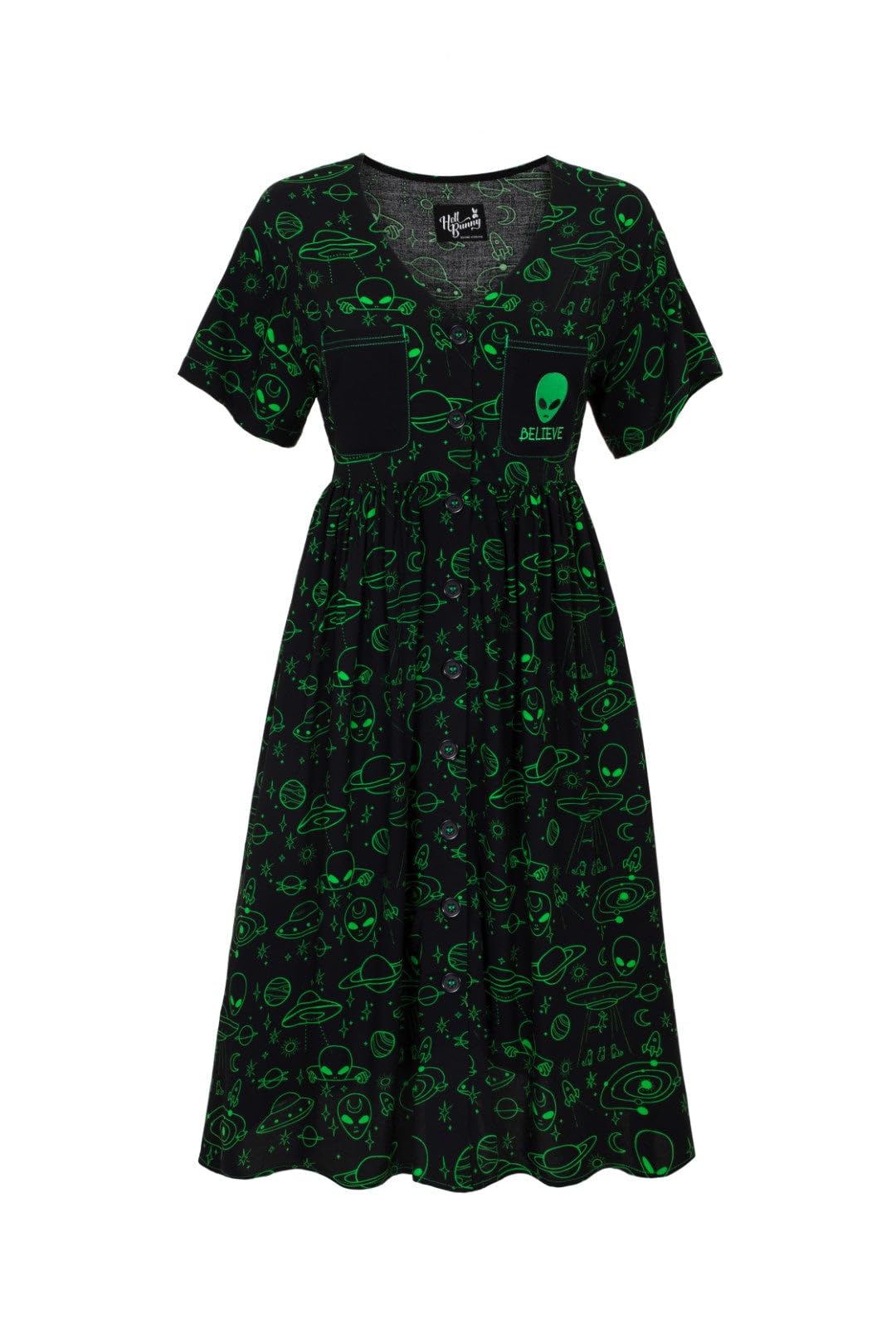 Hell Bunny Women's Black Mulder Dress Neon Green Alien Celestial Spaceship Gothic Knee Midi, Medium