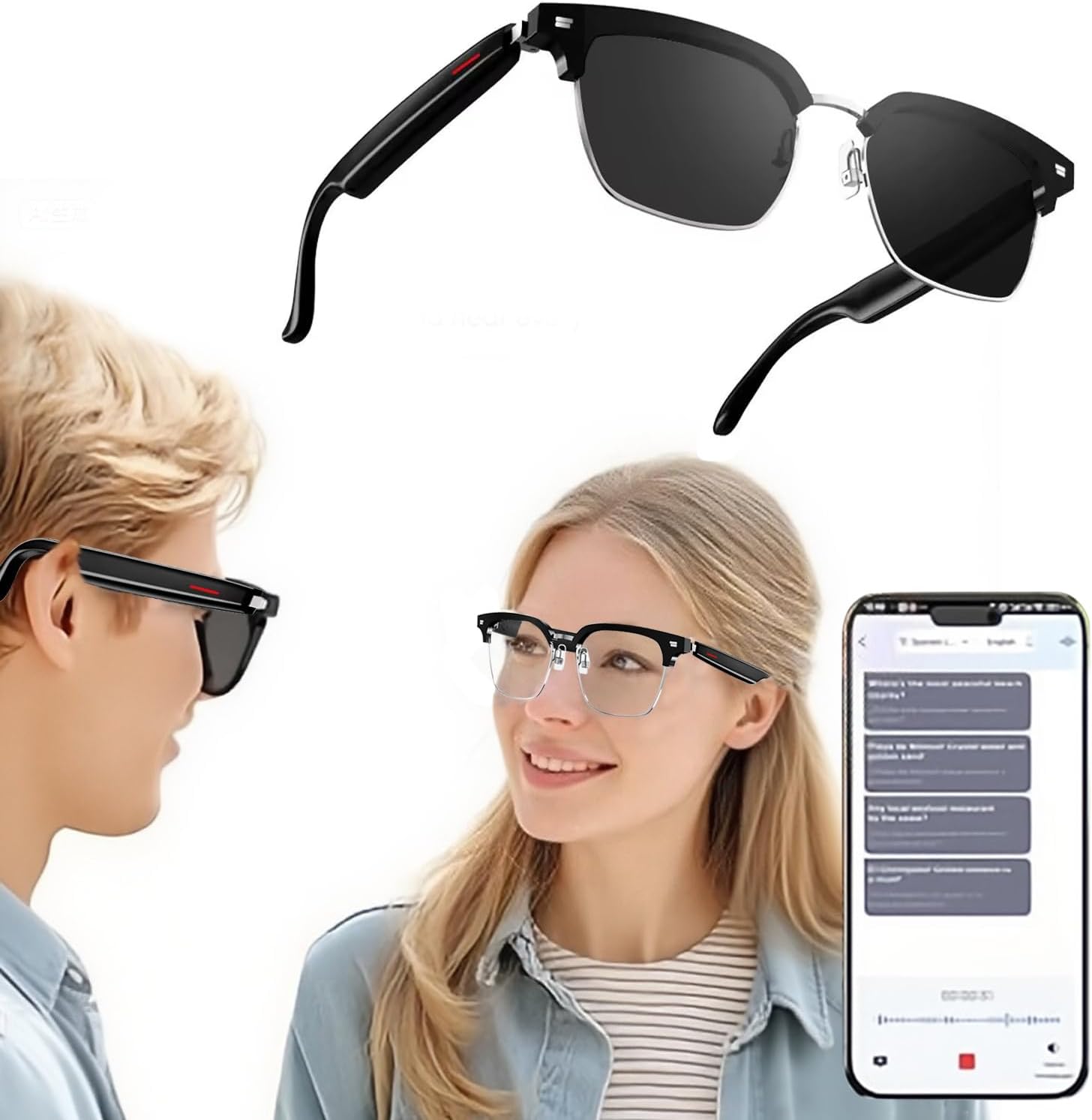 Ai Smart Glasses,144 Language Translation with Chat GPT, UV Protection Bluetooth Glasses for Men Women, Headphone with Speaker Sunglasses,Used in Travel,Drive,Meeting,Trade Business,Black/Black