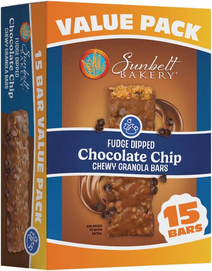 Sunbelt Bakery Fudge Dipped Chocolate Chip Chewy Granola Bars, Value Pack, 15 Count (Pack of 1)