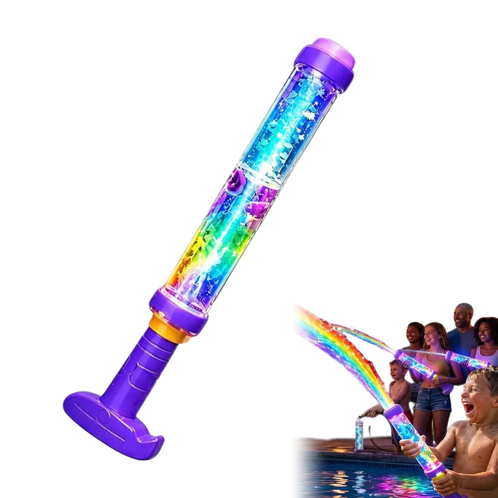 Glowing Rainbow LED Water Blaster,Summer Fun that Pops Like Magic, Pull Push Fireworks Water Blasters Toys for Pool Party Outdoor Summer Water Games (1pc)