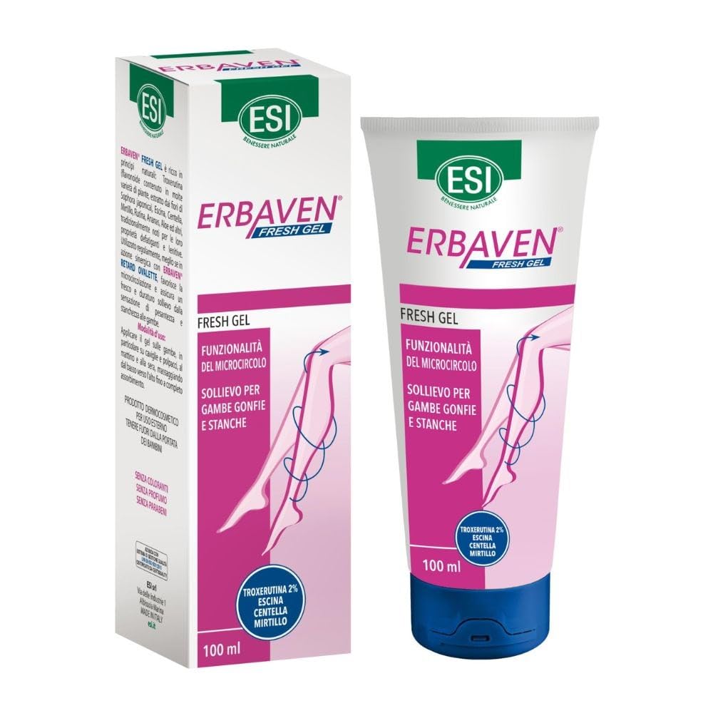 ESI, Erbaven Fresh Gel Idratante per Gambe Stanche e Gonfie, Rinfrescante e Tonificante, a Base di Troxerutina, Escina, Centella, Mirtillo e Aloe, Favorisce la Funzionalità del Microcircolo, 100 ml