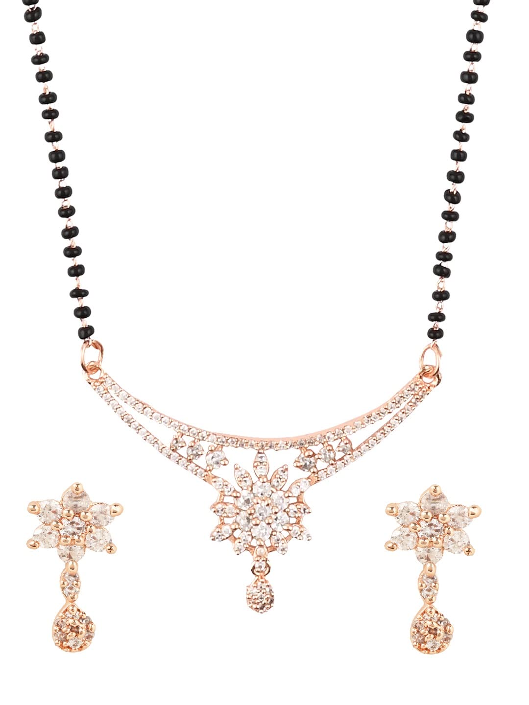 I Jewels Indian Wedding Bollywood Designer Rose Gold Plated Black Beads CZ AD Mangalsutra With Earrings Set For Women (D09-1)