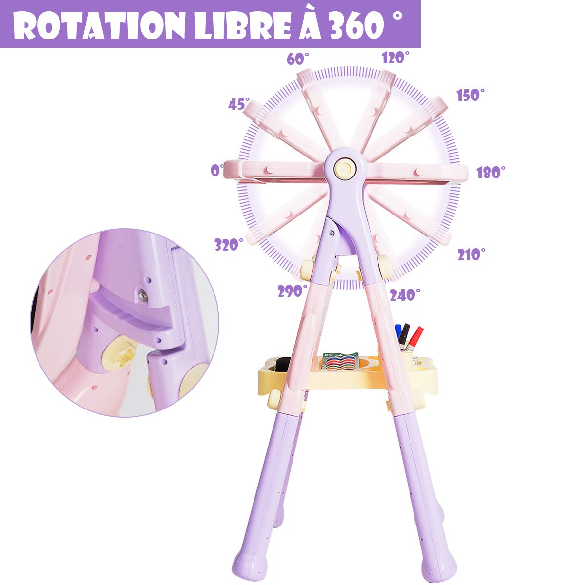 Chevalet Double Face COSTWAY Pour Enfants – Tableau Noir Et Blanc, Hauteur Réglable, Pivotant 360°, Avec Rangement Et Accessoires, Dès 3 Ans