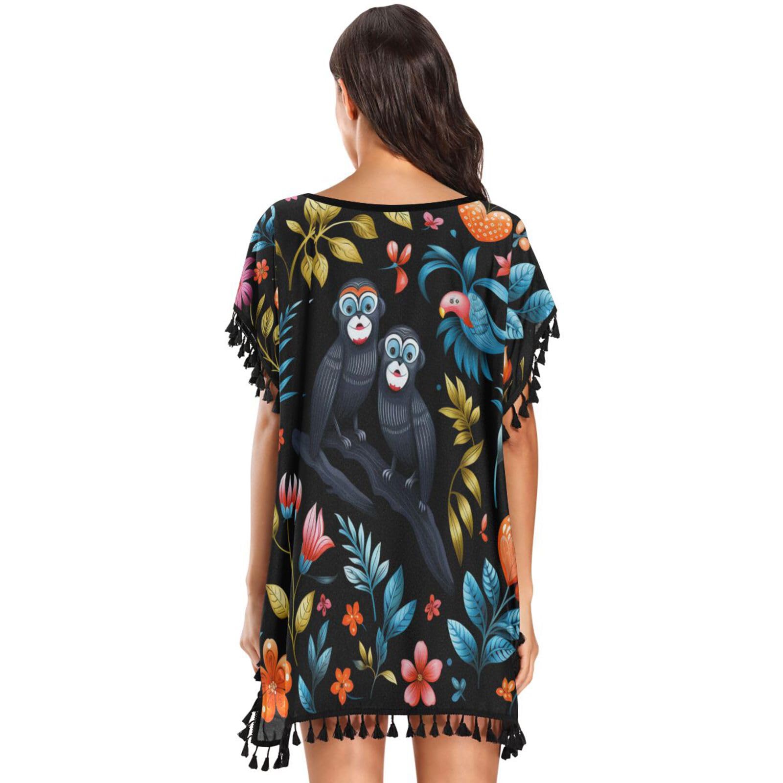 Flowers Chimpanzees Abstract Art Women's Beach Cover Up Chiffon Tassel Swimwear Swimsuit Coverups for Girl