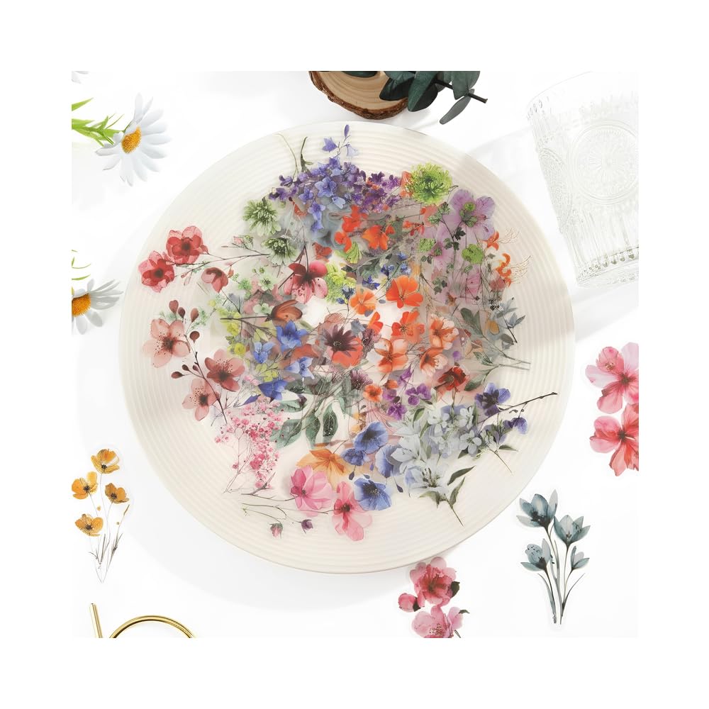 HMCEY 100 Piezas Pegatinas Flores Transparentes,Stickers Scrapbooking Flores,Journaling Stickers Aesthetic Bullet Journal,Pegatinas Decorativas Album Fotos para Planificador, Calendario, Cuadernos