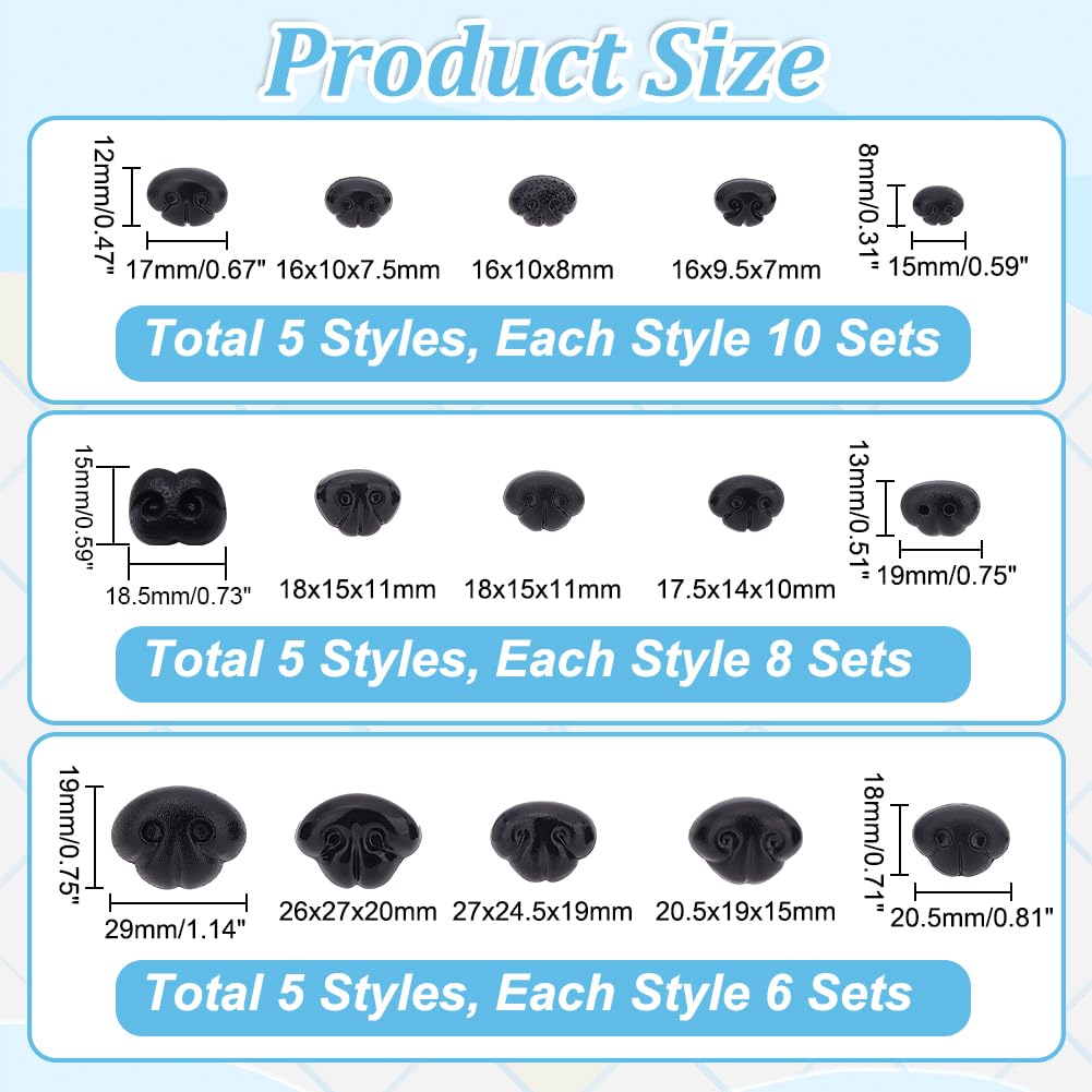 PH PandaHall 120pz Nasi in Plastica Nera, 15 Misura Nasi di Sicurezza con Distanziatore Nasi di Orsacchiotto per Artigianato Uncinetto Animali Imbalsamati Artigianali Fai-da-Te, Spillo: 4.5~6.5mm