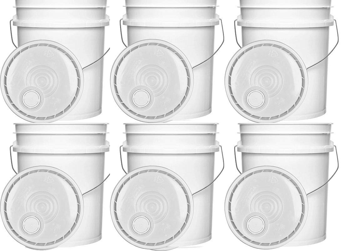 5 Gallon White Plastic Buckets and 5 Gallon Gamma Seal Lids | Combo Pack of Six (6) Buckets and Six (6) Gamma Seal Lids
