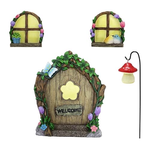 Garden Sculptures Outdoor Statues - Fairy Door Decorations Kit, Art Yard Tree Face, Figurine Decoration with Glow in The Dark Windows, Miniature Sculpture for Trees, Outdoor Decor Accessories