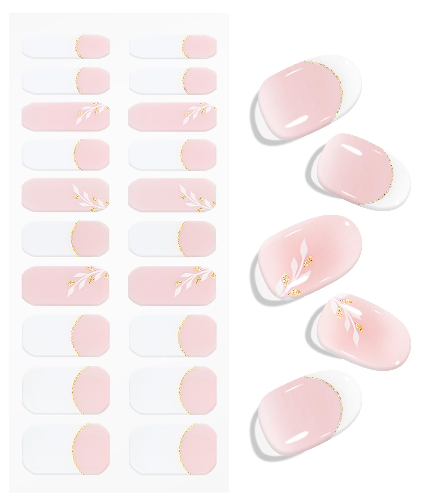 JMEOWIO Gel Nail Stickers Leaves White French Tip Semi Cured Gel Nail Strips Wraps UV/LED Nails Art Design Decoration Accessories