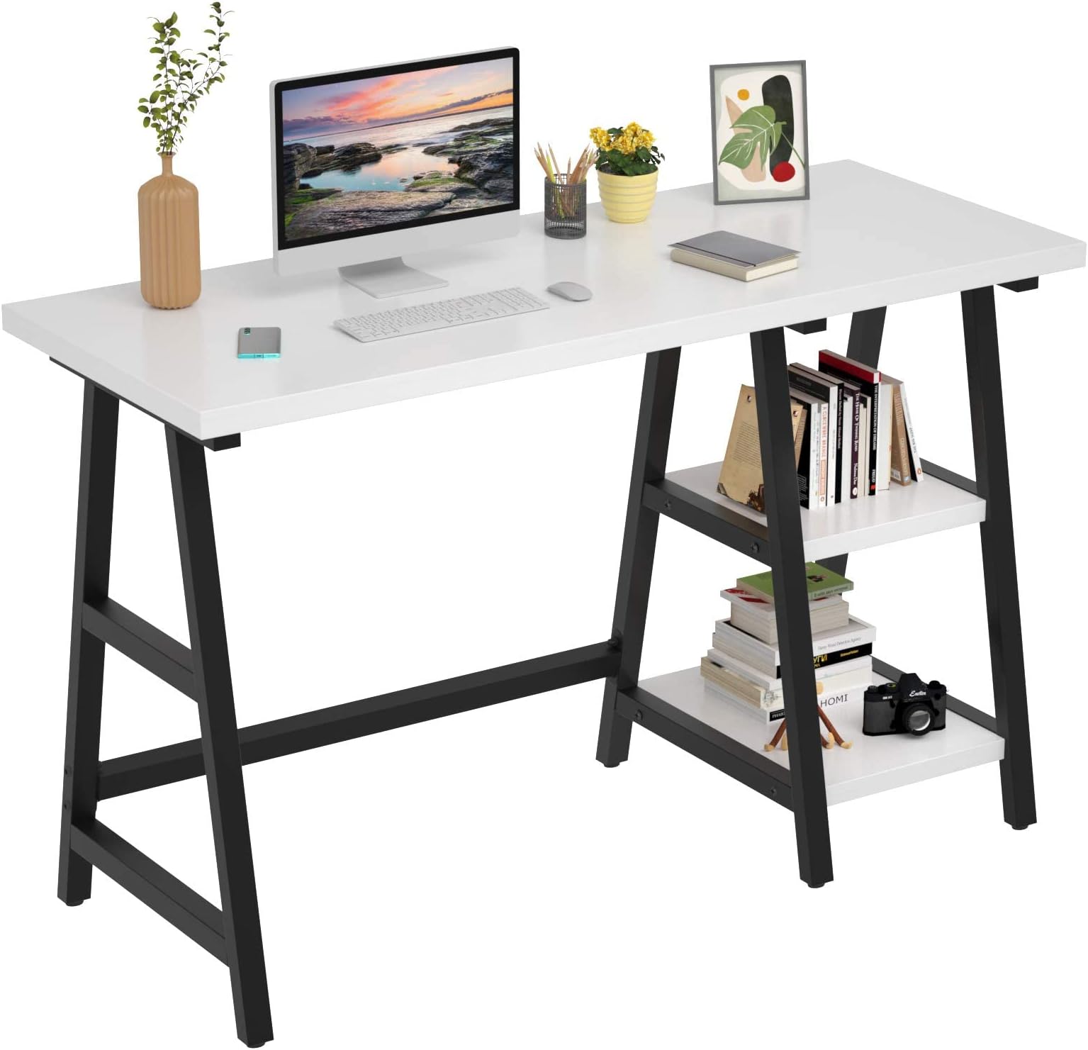 Foxemart Computer Desk 47 Inch Study Writing Home Office Trestle Desks with Storage Shelves, 2-Tier 47” Modern Sturdy PC Laptop Gaming Desk, Multifunctional Wooden Work Table, Easy to Assemble, White