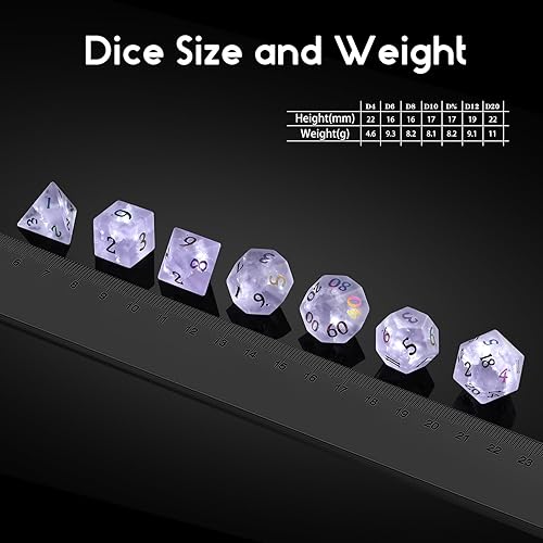 Miniatura 6 de D&D - Dados de vidrio esmerilado agrietado, 7 piezas de dados de circón morado con gran estuche de regalo para juego de mesa DND Dungeons and Dragon