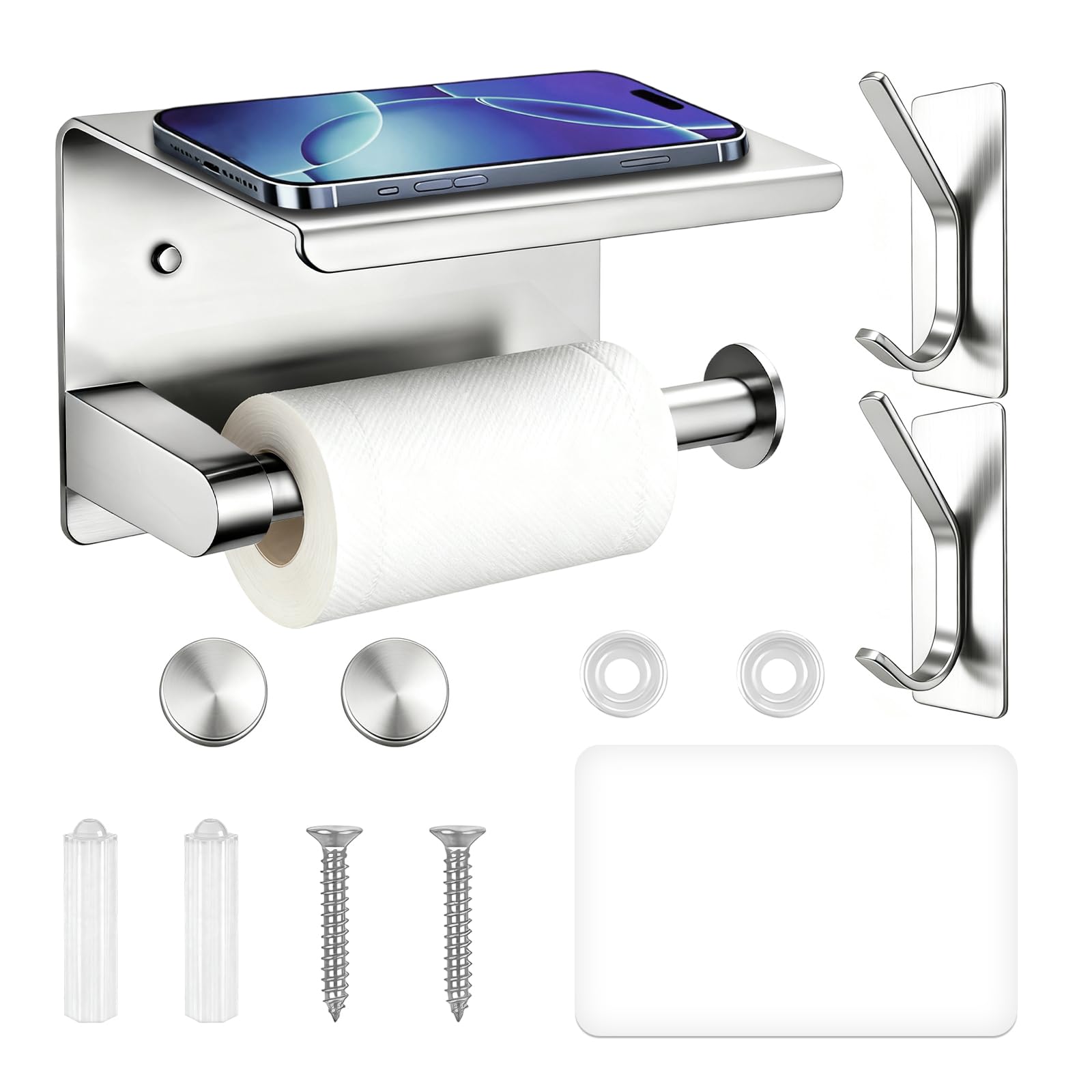 Fairblo Toilet Roll Holder with Shelf Toilet Paper Holder Wall Mounted Toilet Paper Roll Holder Adhesive or Screw SUS 304 Stainless Steel Tissue Roll Holder with 2 Adhesive Hooks for Bathroom Silver