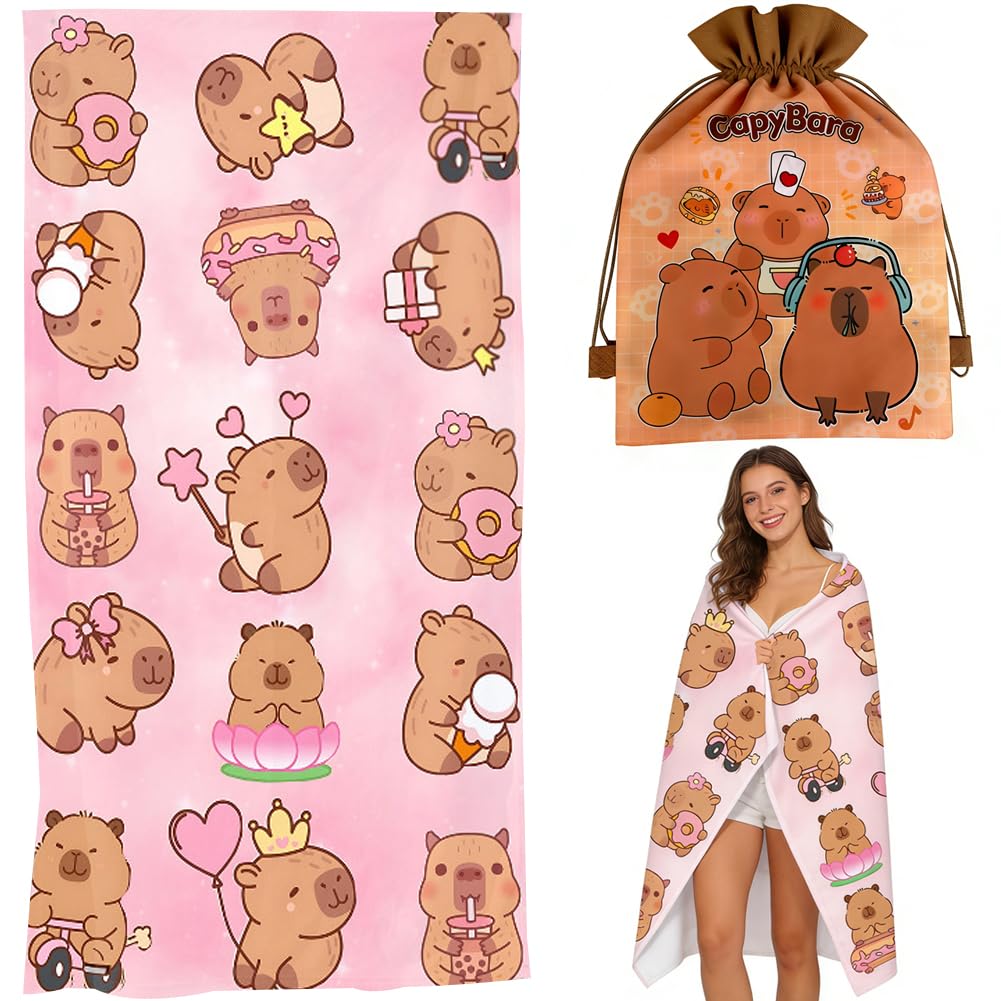 KMFASVX Cute Capybara Beach Towel, Capybara Pattern Thin Lightweight Soft Bath Towels, Quick Dry Absorbent Microfiber Swim Yoga Pool Beach Accessories, 80x160cm