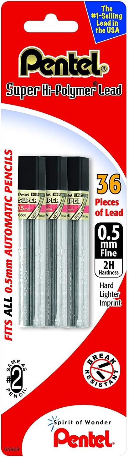 Pentel Super Hi-Polymer Lead Refill (0.5mm) Fine, 2H, 36 Pieces of Lead (C505BP32H-K6)