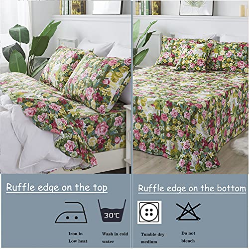 Fadfay Shabby Floral Sheet Set King Size 100% Cotton Soft Vintage Garden Flower Green Leaves Bed Sheet Elegant Pink Peony Rose Cottage Printed Deep Pocket Fitted Sheet 17.5 Inch 4 Piece #TOP1