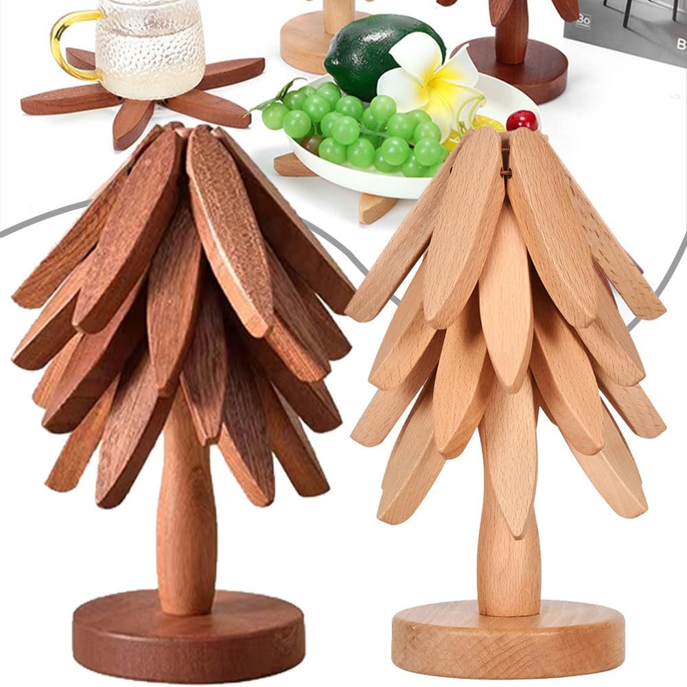 Wooden Trivets for Hot Dishes, Wooden Trivets Tree Shape, Trivets for Hot Pots and Pans, Folding Wood Kitchen Decor and Accessories, Cup Mat Hot, Pads Trivet, Tree Coasters for Bowl Teapot(A+B)