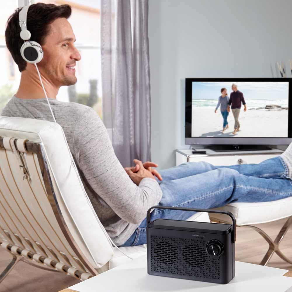 EUROtops Tragbarer TV-Sprachverstärker, 10 h Akkulaufzeit, 30 m Reichweite | Kabelloser Funklautsprecher mit klarer Sprachwiedergabe, Schwarz, Klarer tv-ton, Funkverbindung, Lange laufzeit, Vielseitig