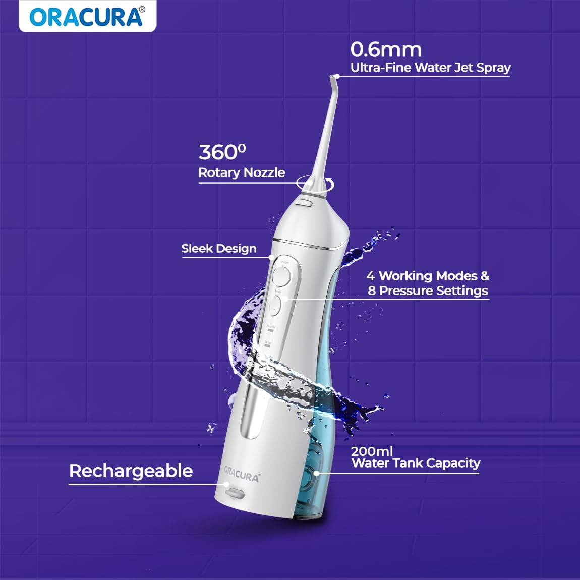 ORACURA® Smart PLUS Water Flosser® OC200 LITE White with 2 Nozzle tips | Portable & Rechargeable | Custom 8 Water Pressure Settings | 200ml Water Tank Capacity | IPX7 Waterproof | 365 Days Warranty 3