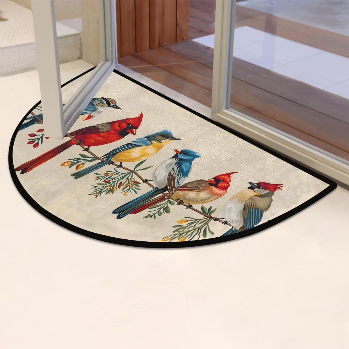 Half Round Doormat Non-Slip Washable Colorful Animal Bird Leaves Semi Circle Rug Soft Absorbent Half Moon Mat for Indoor Outdoor Entrance Kitchen Bathroom Sink Patio Welcome Fireplace Floor Rug