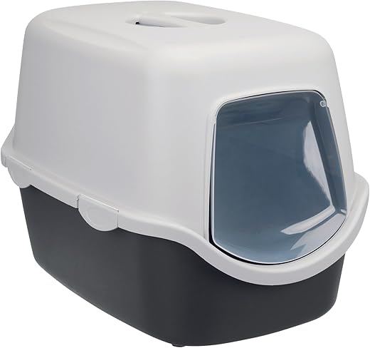 Trixie: - Vico Cat Litter Tray with Hood | Litter Tray with Hood, Door Flap and Handle | Made with Lightweight and Durable Material | Double Rim Keeps The Surrounding Area Clean & Tidy - Grey