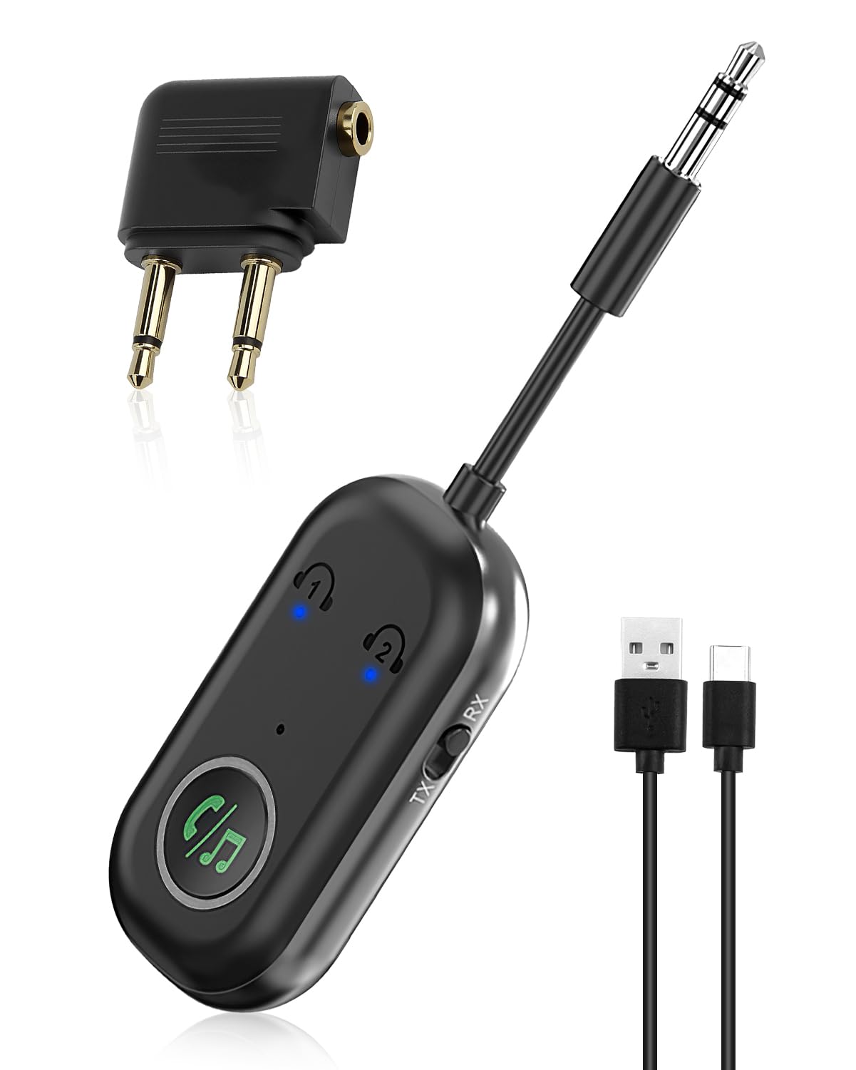 Adaptateur Bluetooth Avion 5.3, Transmetteur Récepteur 2 en 1, 3,5 mm AUX pour TV, Voiture, Casque