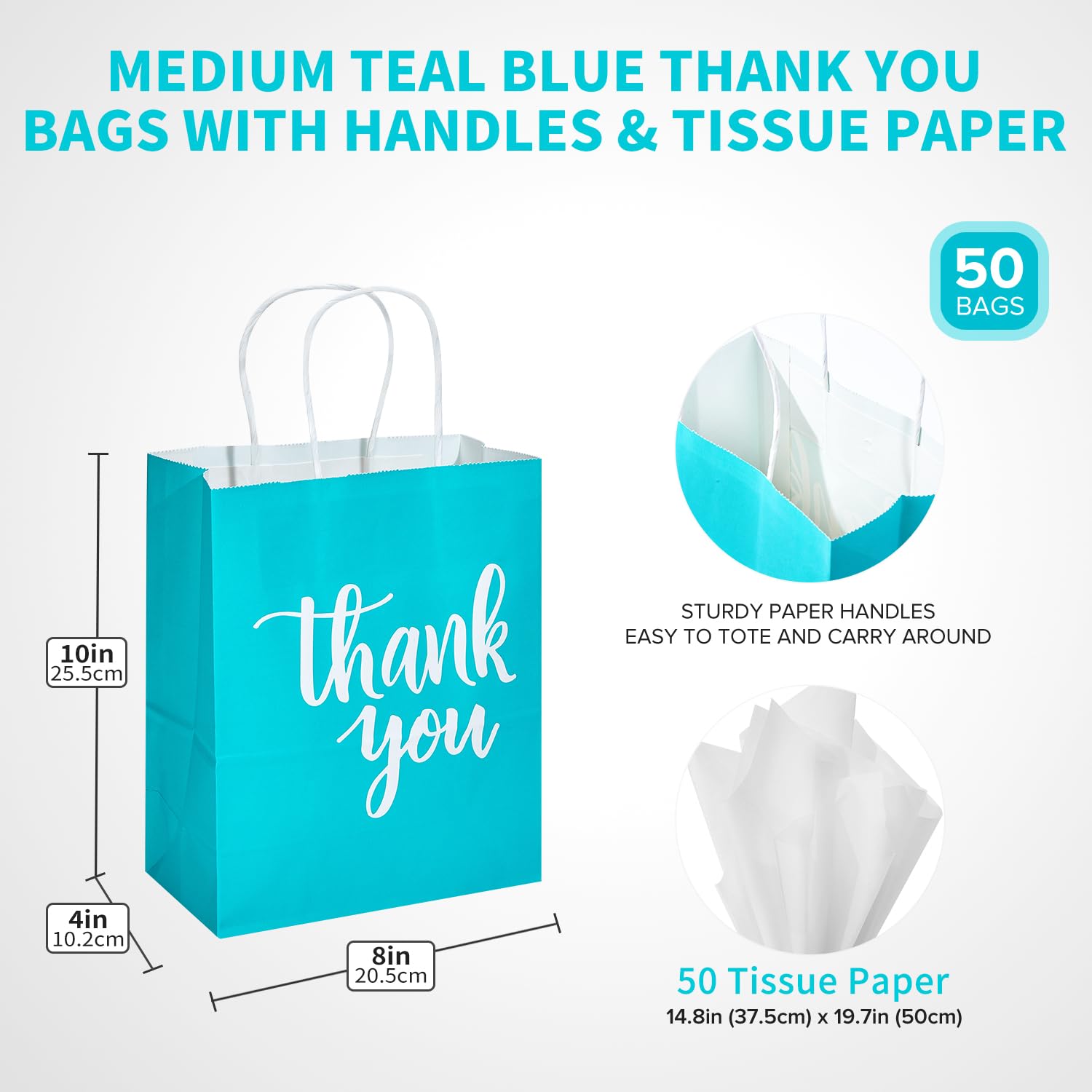DjinnGlory 50 Pack Medium Sized Teal Blue Gift Bags Thank You Paper Bags with Handles 10''x8''x4'' and 50 White Tissue Paper for Small Business Shopping, Wedding Baby Shower Party Favors (Teal)