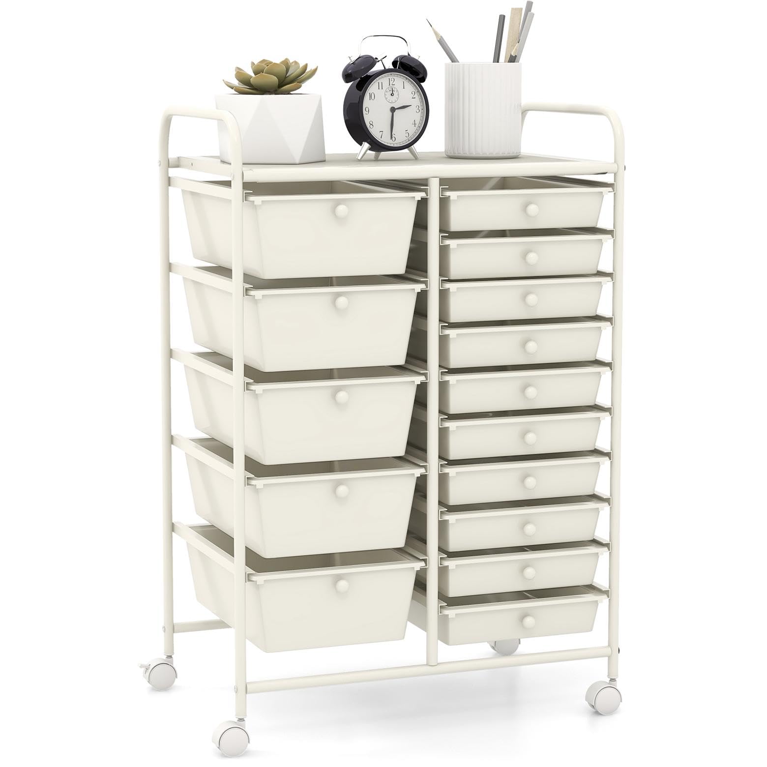 TANGZON 15 Drawers Storage Cart, Multipurpose Mobile Organizer with Lockable Wheels, Utility Rolling Trolley for Home Office Stationery Beauty & Salon (White, 63x37x87cm)