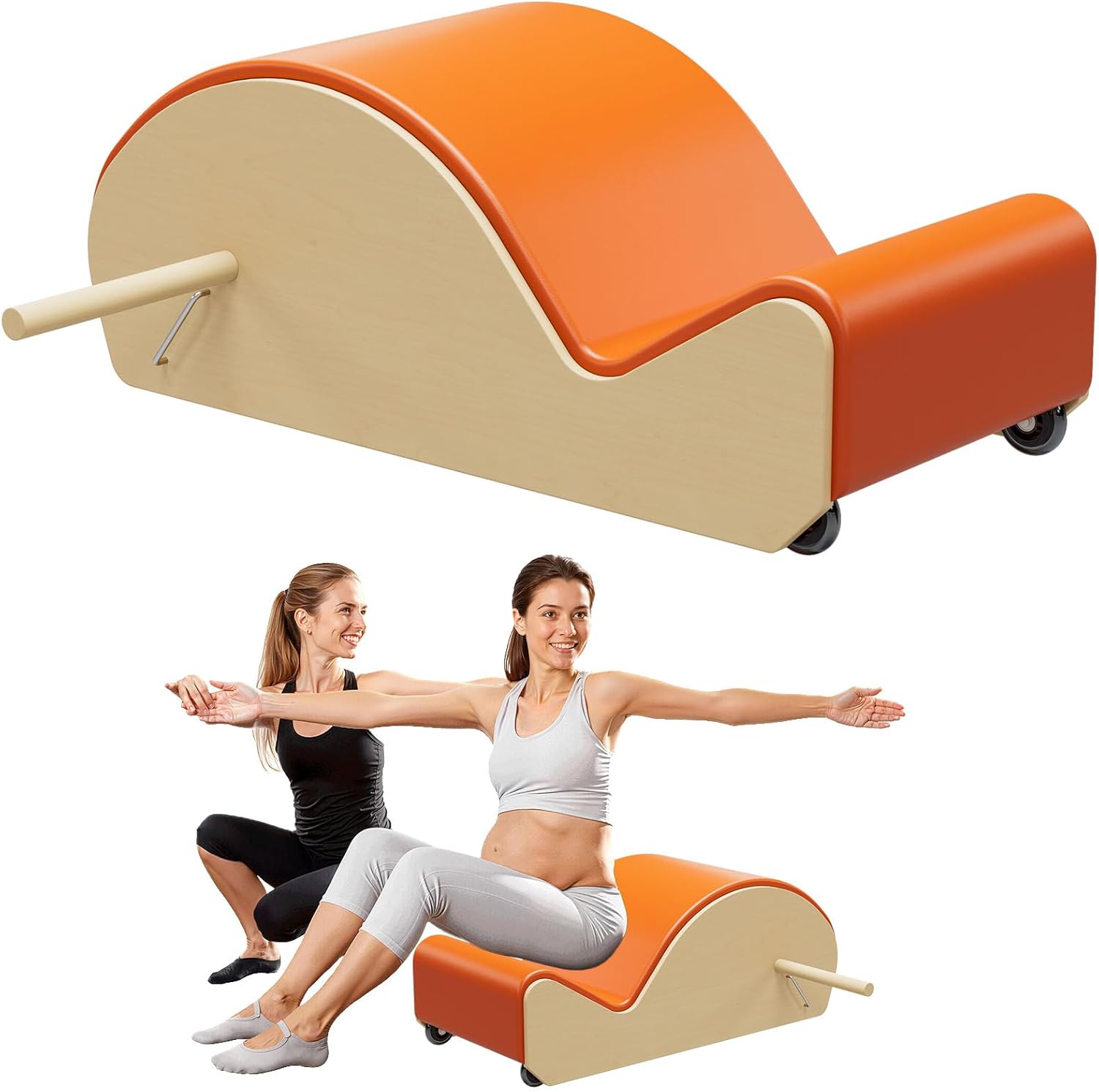 Wooden Orange Pilates Arc with Spine Corrector for Core Strengthening Back Pain Relief, Pilates Spinal Corrector Arch Barrel for Back Flexibility，at Home Reformer Pilates Posture