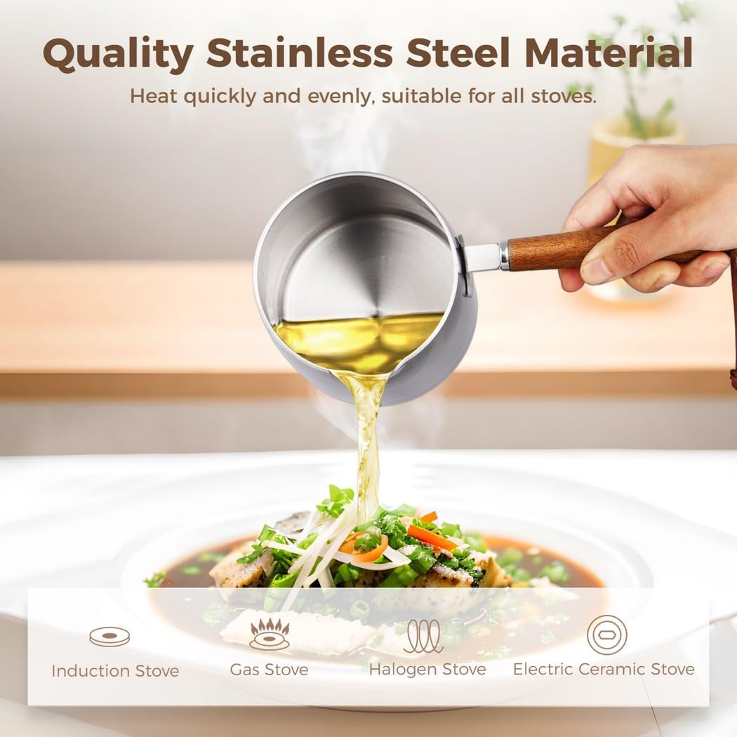 Small 700Ml Butter Warmer, Stainless Steel Milk Pot with Wooden Handle, Pouring Spout, Chocolate Melting, Anti-Scald Design
