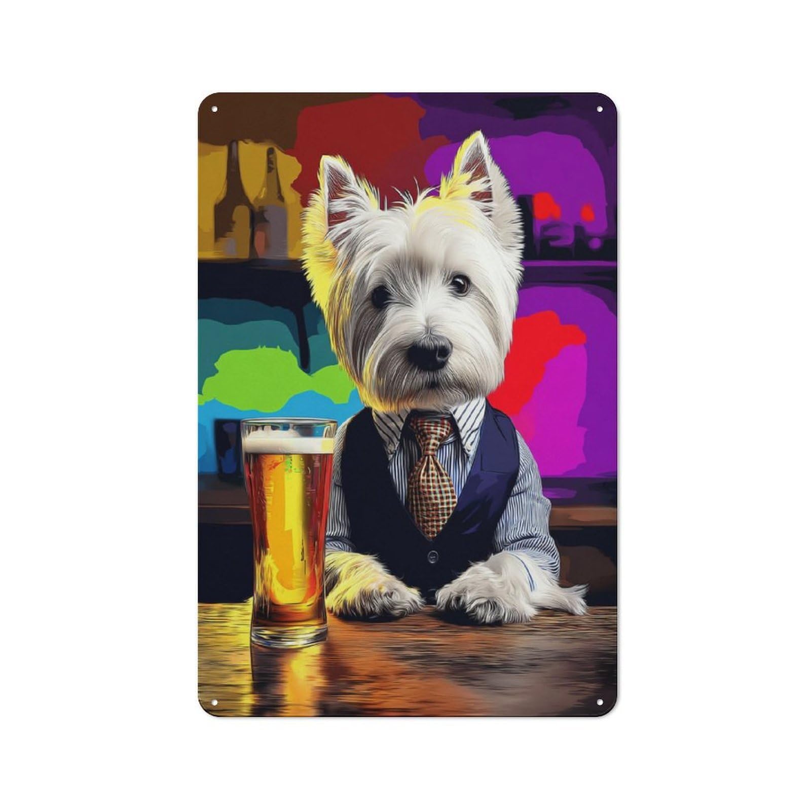 Junmoney Dog In Suit Enjoying Beer Metal Plaque With Design 30X20cm, Cosy Diner Style Decor For Coffee Bar, Kitchen, Bistro Or Tea Corner