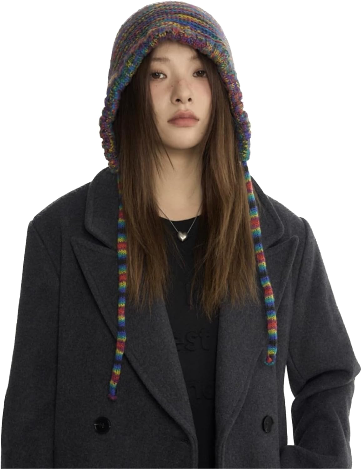 Ombre Knit Beanie Hat with Ear Flap for Women Vintage Rainbow Aesthetic Soft Warm Long Ear Straps Snow Ski Cap for Holiday