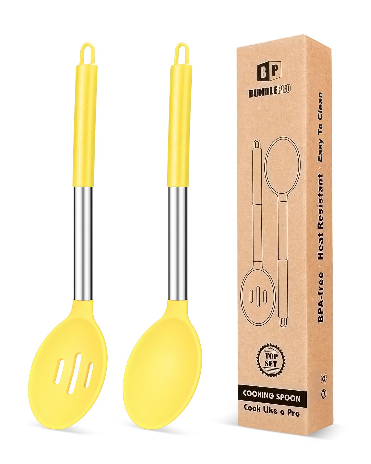 Pack of 2 Large Silicone Cooking Spoons,Non Stick Solid Basting Spoon,Heat-Resistant Kitchen Utensils for Mixing,Serving,Draining,Stirring (YELLOW)