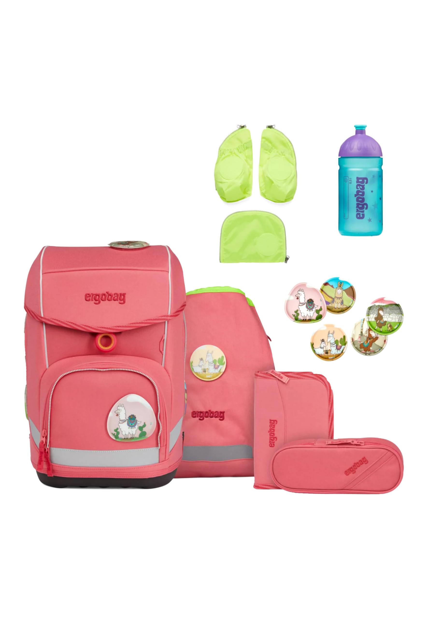 ergobag cubo Bundle Set ergonomischer Schulrucksack, Set 7-teilig Plus Seitentaschen Zip-Set und Trinkflasche