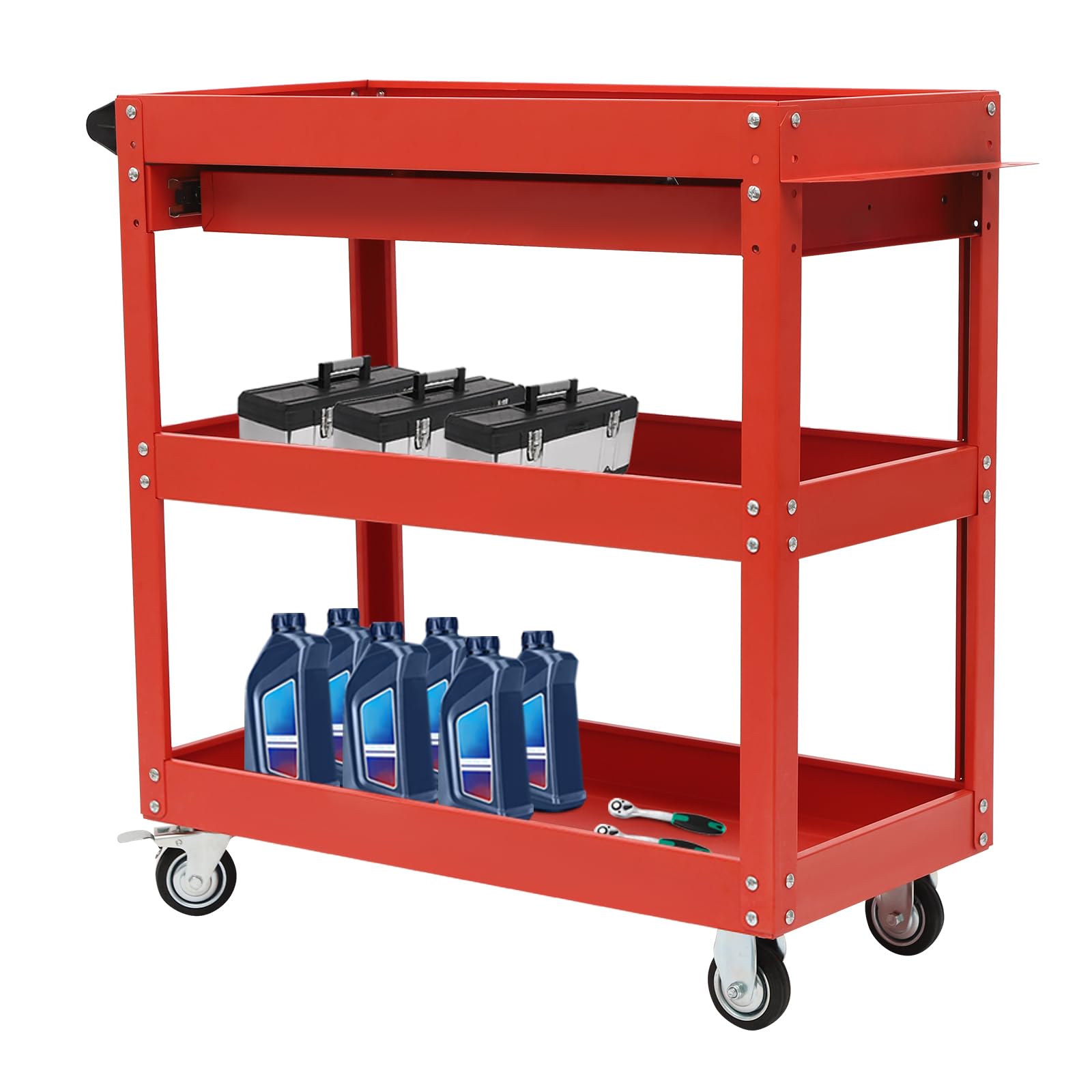 Carro de herramientas para taller, 3 superficies de carga, 150 kg, capacidad de peso, carro de taller con cajón de almacenamiento, carro de herramientas con ruedas con dos ruedas direccionales