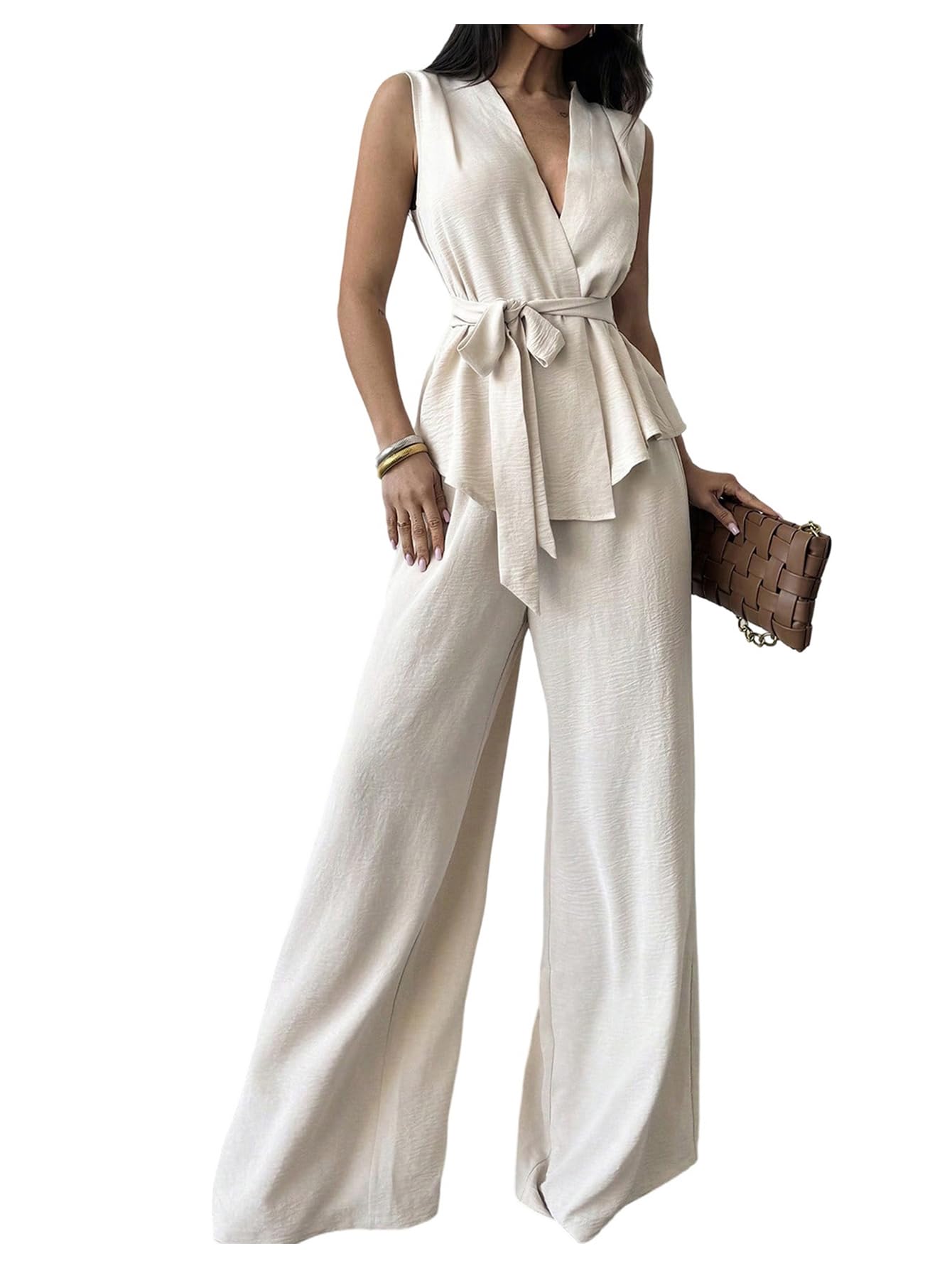 verdusa Women's 2 Piece Old Money Clothes Tie Waist Wrap Vest with Dress Pants Clothing Sets-picture-50