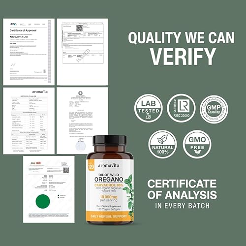 Miniatura 8 de Cápsulas de aceite de orégano silvestre vegano orgánico, 86-90% Carvacrol – 10000 mg de aceite de orégano por cápsula blanda – Apoyo inmunológico y