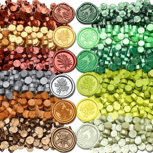 Image of 1200pcs Metallic & Green Wax Seal Beads, 12 Assorted Metallic Colors, Ideal for Wax Seal Stamp, Wedding Letter Envelope Decor, Wine Bottle Sealing