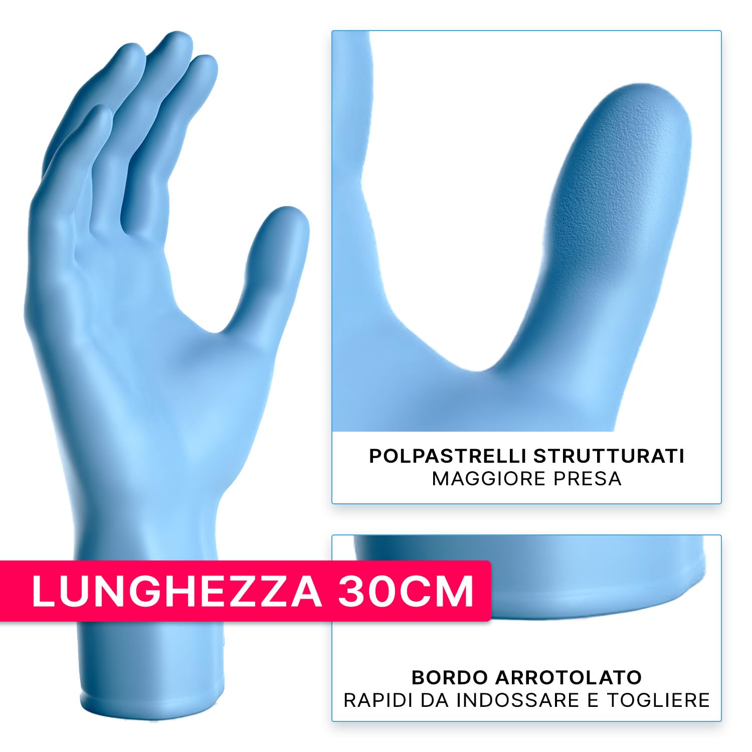 ARNOMED Guanti nitrile monouso blu extra lunghi, Guanti monouso lunghi 30 cm in M, Guanti monouso nitrile extra spessi, 100 pz/scatola, guanti nitrile resistenti usa e getta lunghi S, M, L & XL