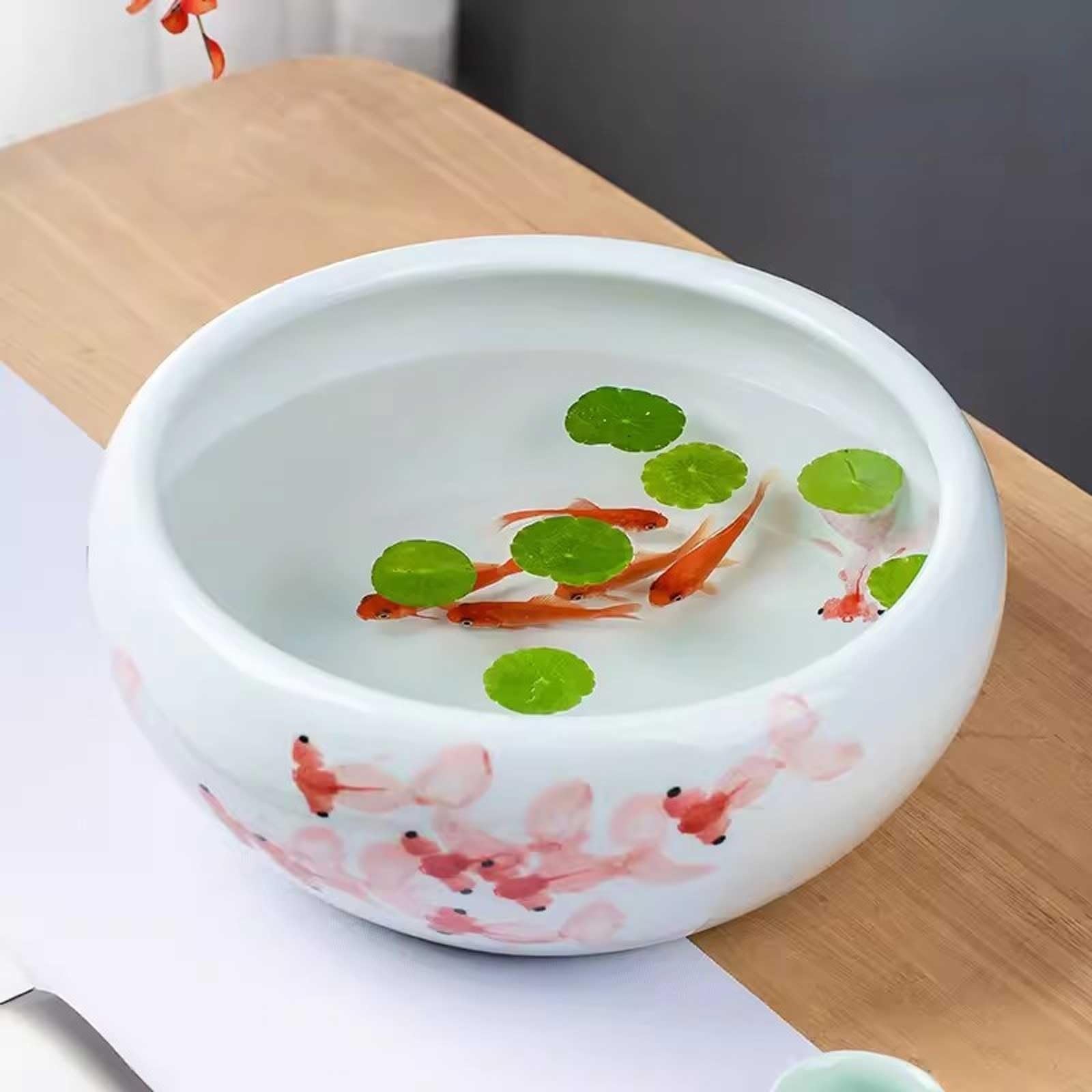 Acquario per Pesci Jingdezhen Ceramic Fish Tank Dipinto a Mano Desktop Fortune Goldfish Turtle Feeding Tank Vaso di Fiori Rotondo in Ceramica Acquari(24x24x12cm)