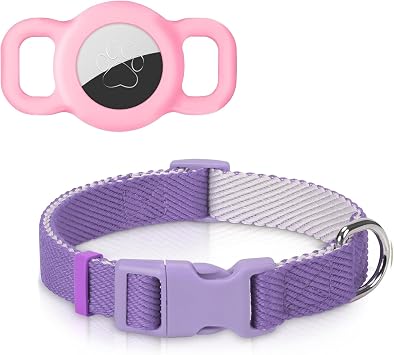 Dynmeow AirTag Cat Collar Holder, S, Pink & Soft Cotton Pet Collar Bundle, XS, 5/8" Wide, Purple