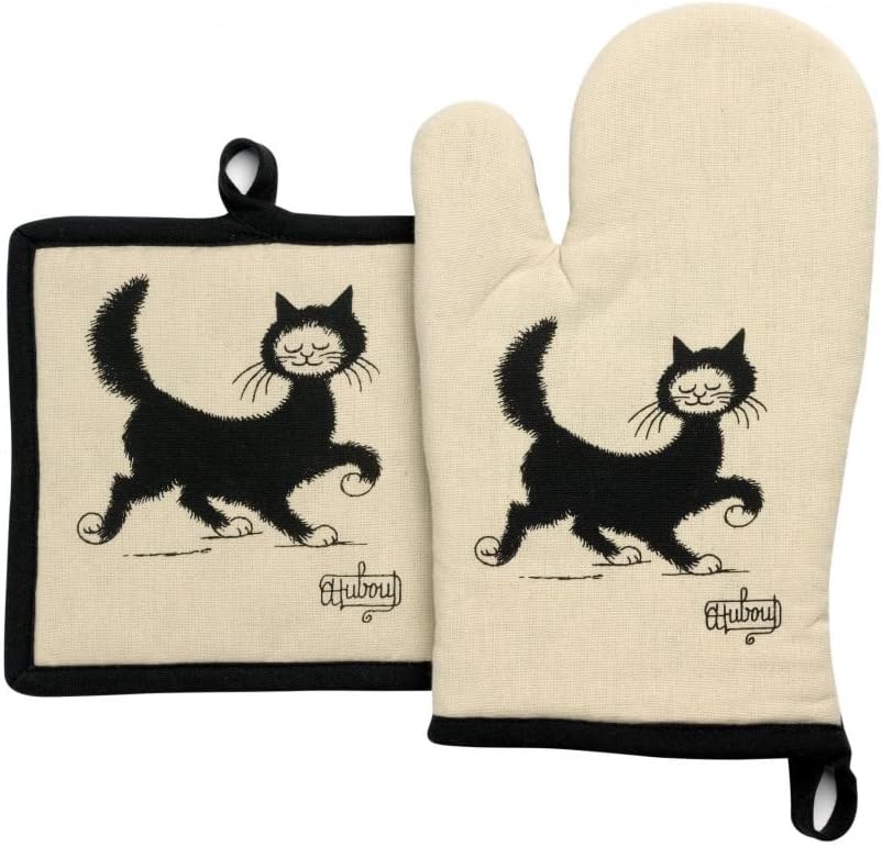 Torchons & Bouchons, Dubout, Chat Balade (Cat Strolling About) French Round, Beige, Hand/Kitchen Towel with Hanging Loop, 100% Cotton