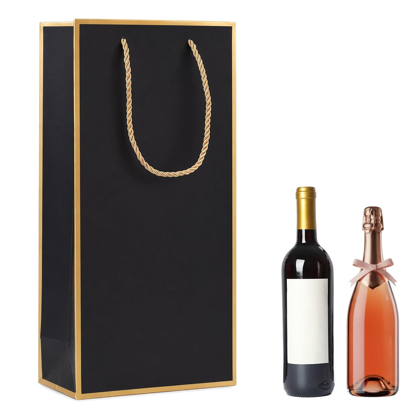 Premium Double Wine Bottle Gift Bags 2 Pack, Reusable Black Paper Liquor Carrier with Gold Foil Edges & Rope Handles, Elegant Packaging for Whiskey Champagne Party Wedding Birthday