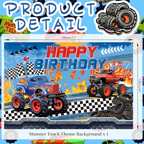 Image of Monster Truck Party Decorations, Monster Truck Birthday Party Backdrop Supplies, Monster Truck Happy Birthday Backdrop for Kids Birthday Party Decoration